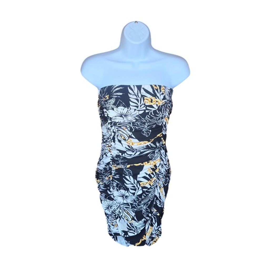 Jolie & Joy Black Floral Chain Strapless Ruched Bodycon Dress Women S‎ Tropical
